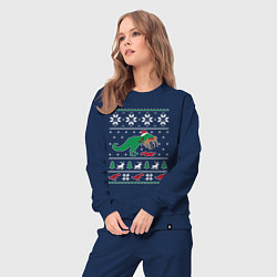 Костюм хлопковый женский Новогодний тирекс - ugly sweater, цвет: тёмно-синий — фото 2