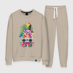 Костюм хлопковый женский Розовая коала с бумбоксом и тропическими листьями, цвет: миндальный