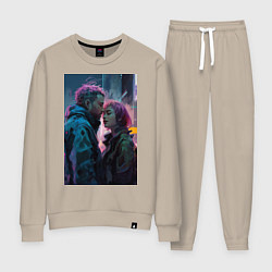 Костюм хлопковый женский Влюбленные в городе в стиле киберпанк, цвет: миндальный