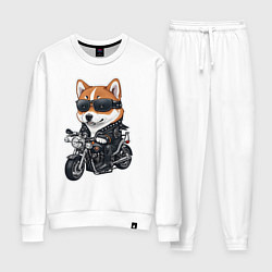 Костюм хлопковый женский Shiba Inu собака мотоциклист, цвет: белый