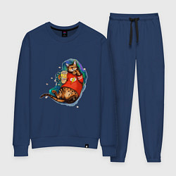 Костюм хлопковый женский Ленивый бенгальский кот с попкорном, цвет: тёмно-синий