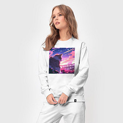 Костюм хлопковый женский Аниме пейзаж с котом, цвет: белый — фото 2