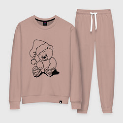 Костюм хлопковый женский Мишка игрушечный в колпаке деда Мороза - раскраска, цвет: пыльно-розовый