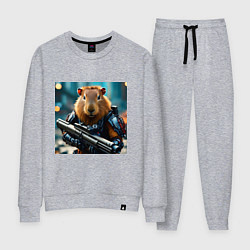 Костюм хлопковый женский Мем вооруженная капибара и автомат, цвет: меланж