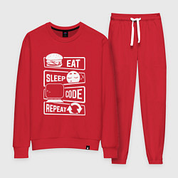 Костюм хлопковый женский Eat sleep code repeat арт, цвет: красный