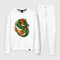 Костюм хлопковый женский Азиатский зеленый дракон, цвет: белый