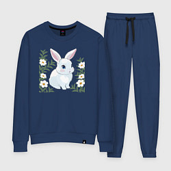 Костюм хлопковый женский Милый зайчонок на фоне цветов, цвет: тёмно-синий