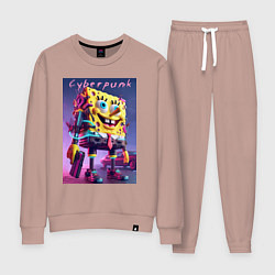 Костюм хлопковый женский Sponge Bob with a pistol - cyberpunk ai art, цвет: пыльно-розовый