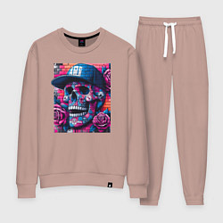 Костюм хлопковый женский Череп в бейсболке - граффити, цвет: пыльно-розовый