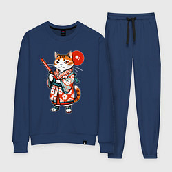 Костюм хлопковый женский Кошечка в кимоно в японском стиле, цвет: тёмно-синий
