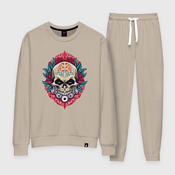 Костюм хлопковый женский Roses skull, цвет: миндальный