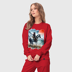 Костюм хлопковый женский Японский самурай на коне - нейросеть, цвет: красный — фото 2