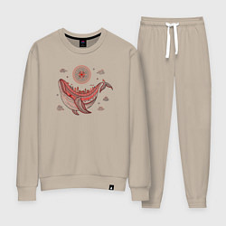 Костюм хлопковый женский Кит и солнце в стиле мезенской росписи, цвет: миндальный