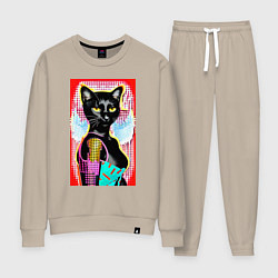 Костюм хлопковый женский Фигуристая чёрная кошечка в стиле поп-арт, цвет: миндальный