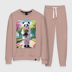 Костюм хлопковый женский Панда с букетом тюльпанов, цвет: пыльно-розовый