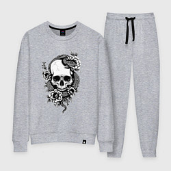 Костюм хлопковый женский Змея на черепе с цветами, цвет: меланж