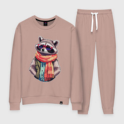 Костюм хлопковый женский Модный енот в очках и шарфе, цвет: пыльно-розовый