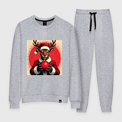 Костюм хлопковый женский Рождественский олень Рудольф в шапке Санты, цвет: меланж