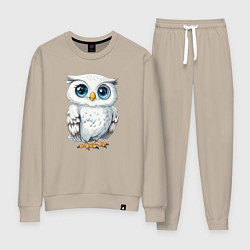 Костюм хлопковый женский Белая сова с голубыми глазами, цвет: миндальный