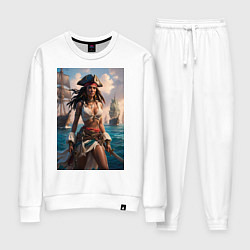 Костюм хлопковый женский Пиратка на фона флотилии кораблей, цвет: белый