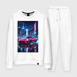 Костюм хлопковый женский Вишневый спорткар по мокрой дороге, цвет: белый