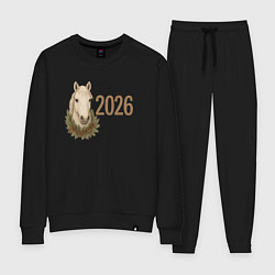 Костюм хлопковый женский 2026 белая лошадь, цвет: черный