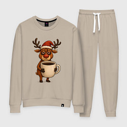 Костюм хлопковый женский Уставший олень с кофе, цвет: миндальный