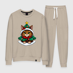 Костюм хлопковый женский Котёнок в наряде новогодней ёлки, цвет: миндальный