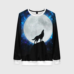Свитшот женский Волк воющий на луну, цвет: 3D-белый