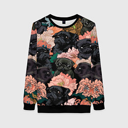 Свитшот женский Мопсы и Цветы, цвет: 3D-черный