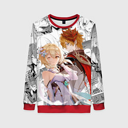 Свитшот женский Люмин и Тарталья на фоне манги, цвет: 3D-красный