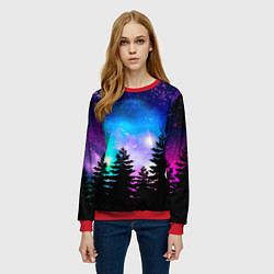 Свитшот женский Космический лес, елки и звезды, цвет: 3D-красный — фото 2