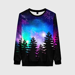Свитшот женский Космический лес, елки и звезды, цвет: 3D-черный
