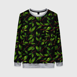 Женский свитшот Яркие зеленые листья на черном фоне