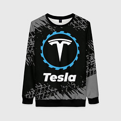 Свитшот женский Tesla в стиле Top Gear со следами шин на фоне, цвет: 3D-черный