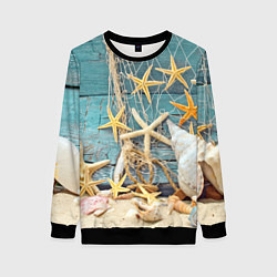 Свитшот женский Натюрморт из сети, морских звёзд и ракушек - лето, цвет: 3D-черный