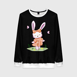 Свитшот женский Крольчонок С Бантиком На Чёрном Фоне, цвет: 3D-белый