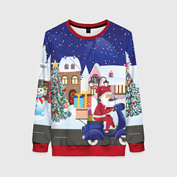 Свитшот женский Дед Мороз едет на скутере с подарками в Новогоднюю, цвет: 3D-красный