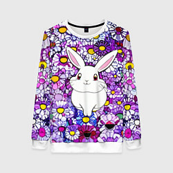 Свитшот женский Веселый кролик в цветах, цвет: 3D-белый