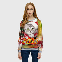 Свитшот женский Котенок в новогодней шапочке, цвет: 3D-меланж — фото 2