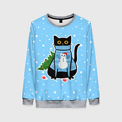 Женский свитшот Котик в свитере под снегопадом - синий