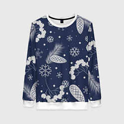 Свитшот женский Зимние ягоды и шишки на синем фоне, цвет: 3D-белый