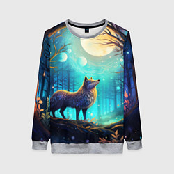 Свитшот женский Волк в ночном лесу в folk art стиле, цвет: 3D-меланж