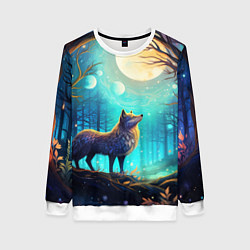 Свитшот женский Волк в ночном лесу в folk art стиле, цвет: 3D-белый