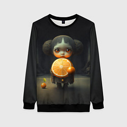 Свитшот женский Девочка с мандарином в руках, цвет: 3D-черный