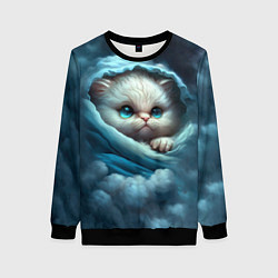 Свитшот женский Котик в одеяльце в облаках, цвет: 3D-черный