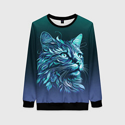 Свитшот женский Неоновый кот: фиолетовые и бирюзовые линии, цвет: 3D-черный