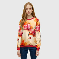Свитшот женский Акварельные цветы - персиковый паттерн, цвет: 3D-красный — фото 2