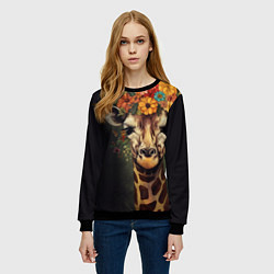 Свитшот женский Портрет жирафа с цветами: арт нейросети, цвет: 3D-черный — фото 2