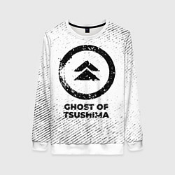 Свитшот женский Ghost of Tsushima с потертостями на светлом фоне, цвет: 3D-белый
